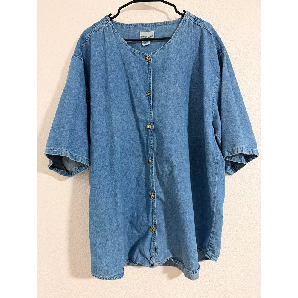 Vintage Womens 1X Denim Button Down Shirt Medium Wash Cotton Cottagecore Western